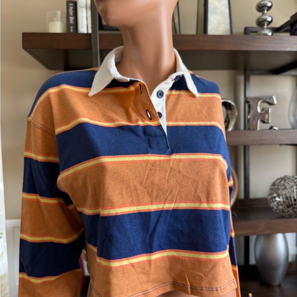 Striped Orange Blue Cropped Polo Shirt XS oversized this is new without tags SO